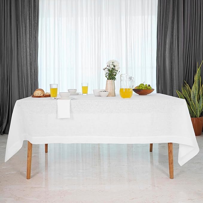 D'Moksha Homes White Tablecloth 60 x 108 Inch - 100% Pure Linen Rectangular Tablecloth - Machine Washable Table Cloth for Valentines, Spring, Easter