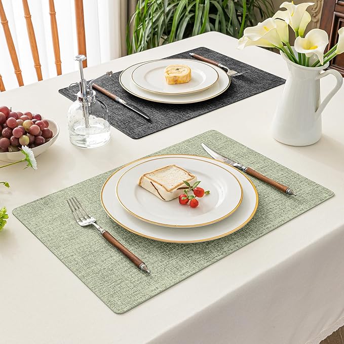 Romanstile Sage Green Placemats Set of 6, Vinyl 100% Waterproof Oil-Proof Wipeable Place Mats, Heat Resistant Dual Sided Table Mats for Kitchen/Dining/Party (Grey Green, 12 x 17 Inch)