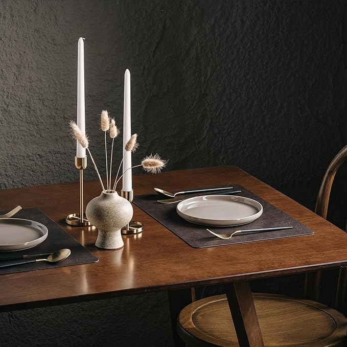 DOLOPL Placemats Set of 4 Reversible Dual-Color Table Placemats – Heat Resistant Wipeable & Brown Placemats, Luxury Faux Leather Table Mats for Vintage Dining Table Decor（Dark Brown & Black）