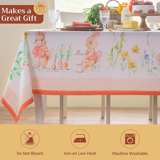 Maison d' Hermine Table Cloth Rectangle Table 100% Cotton 70 x 108 Inches Tablecloth Reusable Decorative for Dining Room Farmhouse Home Valentines Day Decorations Spring Summer - Bunny Party
