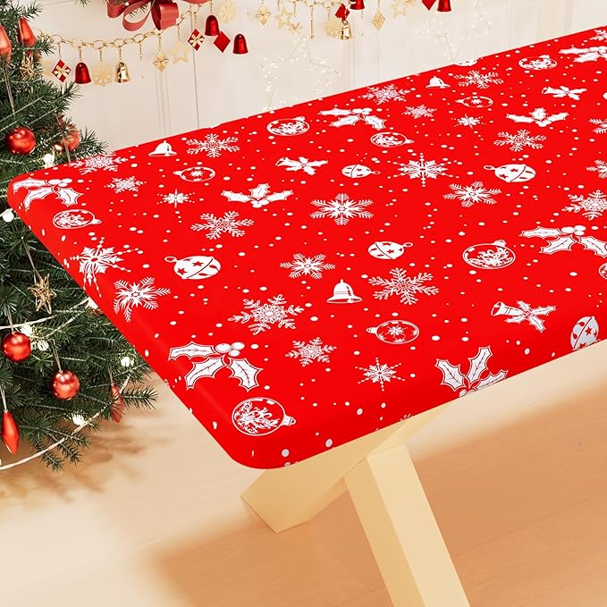 Smiry Plastic Christmas Tablecloth, Snowflake Wipeable Flannel Backed Vinyl Tablecloth, Waterproof Elastic Fitted Table Cover for Christmas Dinner, and New Year Celebration (White & Red, 30x48 Inches)