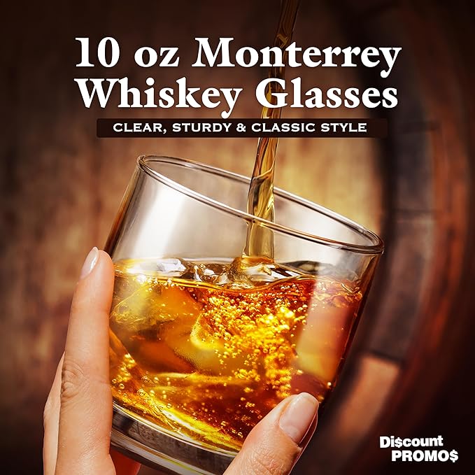 DISCOUNT PROMOS Whiskey Glasses 10 oz Set of 10, Bulk Pack - Heavy Base Old Fashioned Glass, Perfect for Scotch, Bourbon, Whiskey, Cocktail - Clear Bottom Color