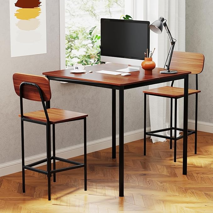 COSTWAY Dining Table Set for 4, 5-Piece Square Kitchen Nook Dinette Set with 4 Bar Stools with Footrest, Backrest, Space-Saving Design, Industrial Kitchen Table and Chairs for Apartment, Walnut