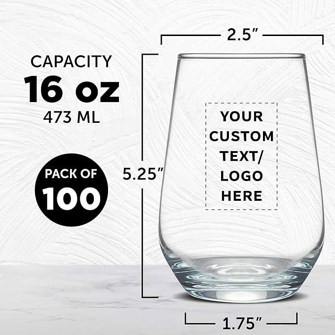 DISCOUNT PROMOS 100 Vaso Silicia Stemless Wine Glasses Set, 16 oz. - Personalized Text, Logo - Clear, Orb-Like, Thick base - Clear