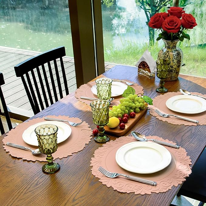 Noctiflorous Round Faux Leather 15 Inch Placemats Set of 6 Waterproof Wipeable Heat Resistant Tablemat for Dining Table Kitchen Non Slip Oilproof Table Place Mat for Indoor Outdoor(Pink, 6)