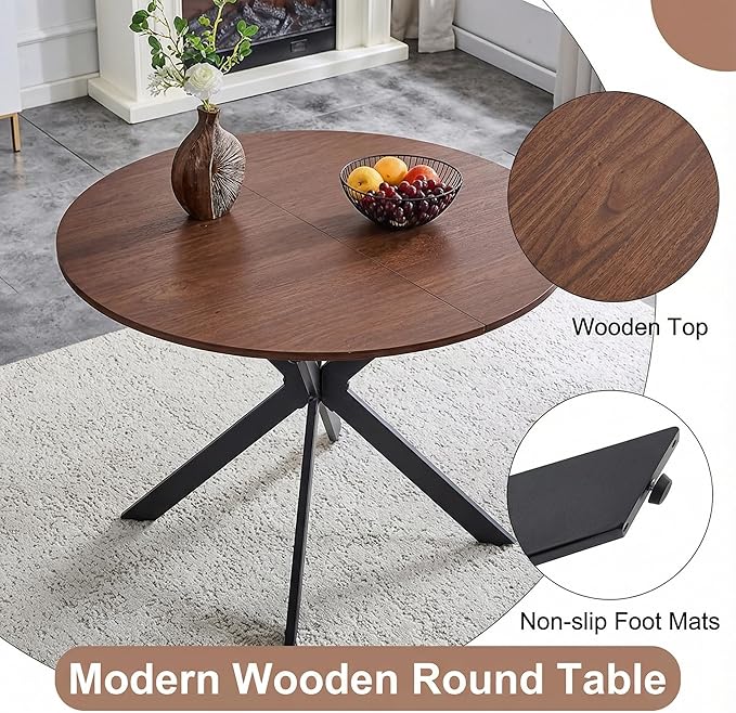 Round Dining Table Set for 6｜42"-54" Extendable Dining Room Table Set｜Wooden Kitchen Table with 6 Chairs｜Mid Century Modern Dinner Table Set with Cross Legs｜Easy Assembly｜Space Saving