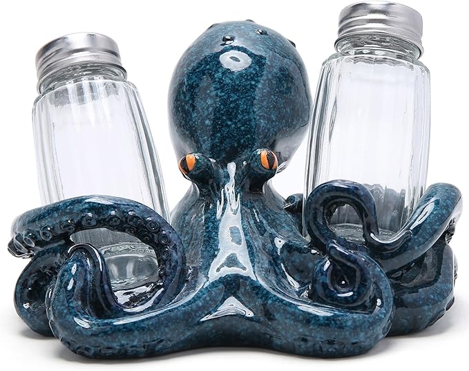 Hodao Octopus With Salt and Pepper Shaker Figurines Decorations Octopus Set with Holder Figurine for Beach Bar or Tropical Kitchen Decor Octopus Table Decorations By Home Gifts (Octopus)