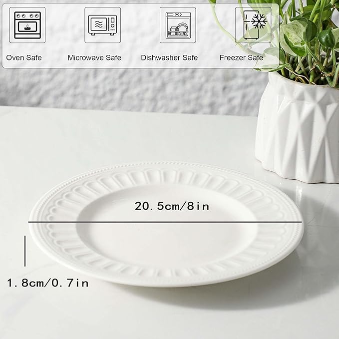 Neaylfe 8-Piece Ceramic Dessert Salad Plates, 8 Inch, Embossed Small Dinner Plates, Kitchen Porcelain Dish Ceramic Flat Plates for Appetizer, Pancakes, Dishwasher & Microwave Safe