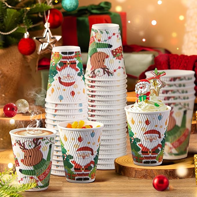 SIUQ 12 oz Christmas Coffee Cups - 50 Pack Disposable Insulated Paper Cups, Christmas Hot To Go Coffee Cups, Leak Proof Holiday Party Supplies for Office Home Celebrations