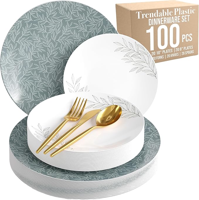 Trendables Fancy Plastic Dinnerware Sets 100 Pc Set 20 Guests Gold Silverware Disposable 20 X 10 Inch Charger Plates 20 X 8 Inch Dessert Plates 20 x Gold Plastic Forks and Spoons Knives In Aleh