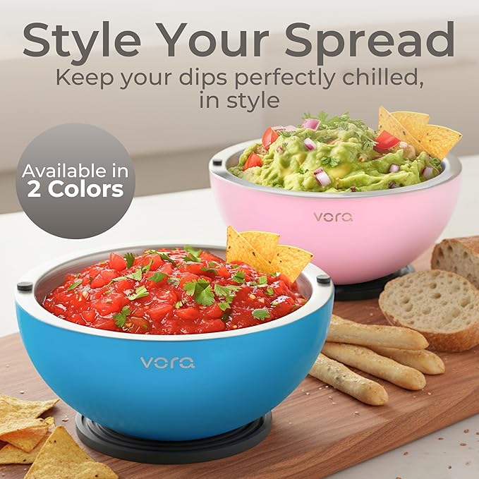 Vora 35oz Dip Chiller Bowl with Lid | 2 Pack Blue Stainless Steel Chilled Serving Bowl Keep Dips, Salads, and Appetizers Perfectly Cold with Leak-Resistant Ice Bowl for Effortless Hosting