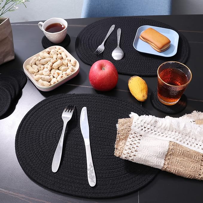 Braided Placemats Set of 4 Cotton Fabric Oval Table Mats Non Slip Washable 16 * 12 inch Oval Place Mats, 4 Pack Black Rope Woven Placemats
