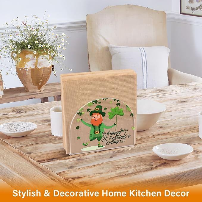 Napkin Holder Happy St Patrick's Day Green Shamrocks Crystal Clear Acrylic Napkin Holders Paper Napkin Holder Dining Table Dispenser for Kitchen Restaurant Home Decor Bar Accessories