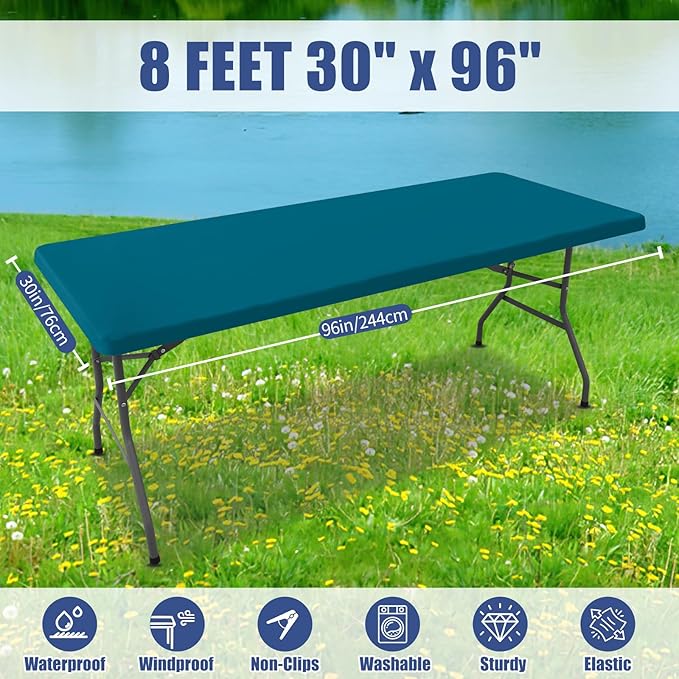 Spandex 8 Foot Rectangle Table Cloth 2 Pack, Elastic Fitted Tablecloths for Picnic, Stretch Washable Patio Table Cover for Outdoor, Camping, Banquet and Parties(Peacock Blue, 30"x96")