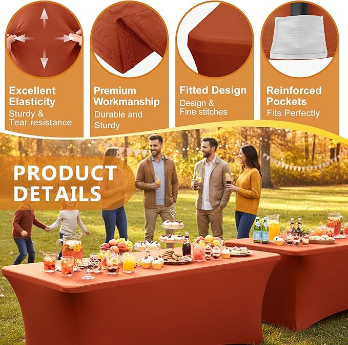 Spandex Table Cloths for 8 Foot Rectangle Tables-6 Pack Rust Fall Thanksgiving Fitted Stretch Table Covers-Elastic Tablecloth for Party, Vendor Booth Display, Banquet Event, Craft Trade Show