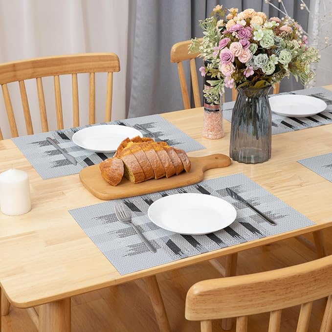 Winknowl Placemats Set of 8, Heat Resistant Stain Resistant Woven Vinyl Insulation Place mats, Durable Washable Elegant Table Mats for Kitchen Dining Table Decor (Geometric Gray)