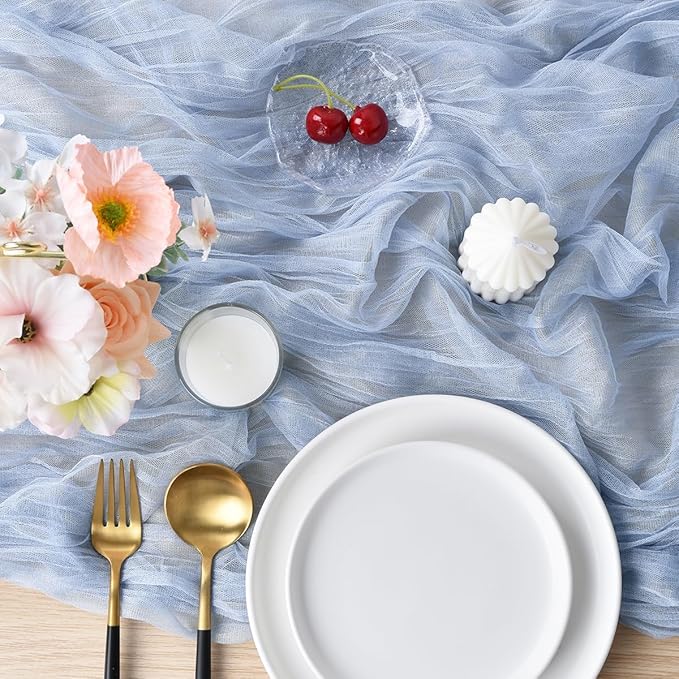 Joanlody Blue Cheesecloth Table Runner Spring Easter 10Ft Rustic Gauze Boho Cheese Cloth Table Runner for Wedding Bridal Baby Shower Decoration 10 Pack