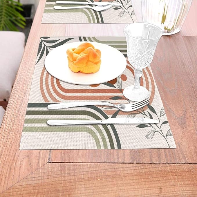 Mid Century Boho Sage Placemats, Abstract Bohemian Mid Century Plant Leaf Rainbow Dots Washable Place Mats 12x18Inch for Dining Kitchen Farmhouse Decor 4 PCS