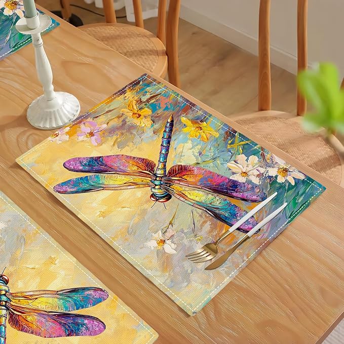 Dragonfly Placemats Set of 4, Dragonfly Flower Table Mats, Floral Washable Place Mats for Coffee Bar Home Party Indoor Kitchen Dining Table Decoration 12x18 Inch