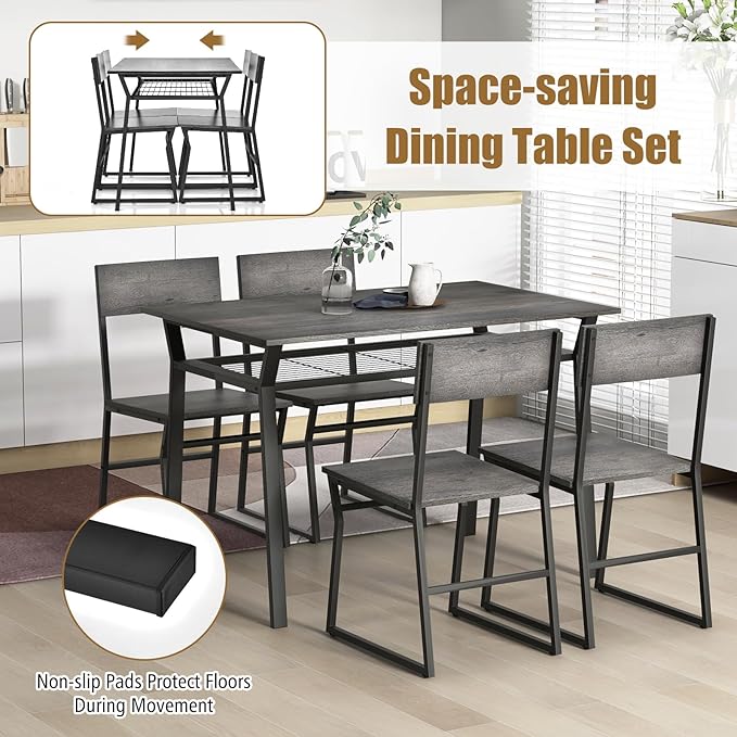 Giantex Dining Table Set for 4, 47”L x 28”W Rectangular Kitchen Table w/ 4 Trapezoid Chairs, Reinforced Metal Frame & Storage Rack, Industrial Space-Saving Dinette Set for Kitchen Dining Room (Grey)