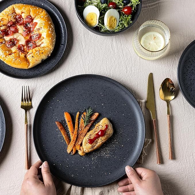 AmorArc Ceramic Dinnerware Sets, Wavy Rim Stoneware Plates and Bowls Sets,Dishwasher & Microwave & Oven Safe Dishes set, Service for 4 (12pc)-Charcoal Matte