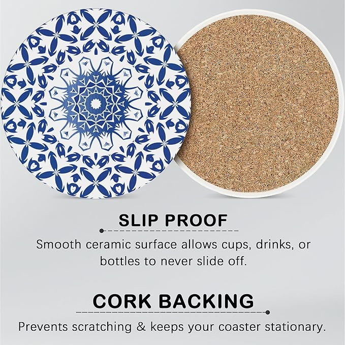 Drink Coasters for Drinks Set of 6,Blue and White Porcelain Absorbent Round Ceramic Stone Mat Coaster, with Cork Base and Metal Holder, Home Bar Decor House Warming Gift
