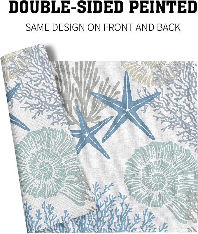aportt Nautical Placemats Set of 4 Starfish Beach Theme Ocean Seashell Washable Non-Slip Heat Resistant 12×18 Inch Coastal Summer Thick Place Mats Decorative Linen Fabric Table Mat for Dining (FF)
