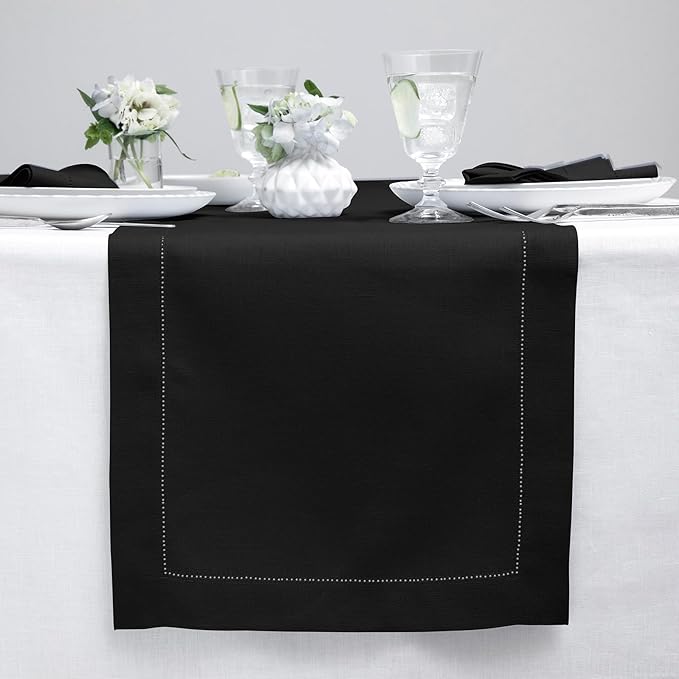 Solino Home Linen Black Table Runner 60 Inches - Classic Hemstitch, 100% Pure Linen Coffee Table Runner 14 x 60 Inch Ideal for Dresser Tables - Spring, Easter