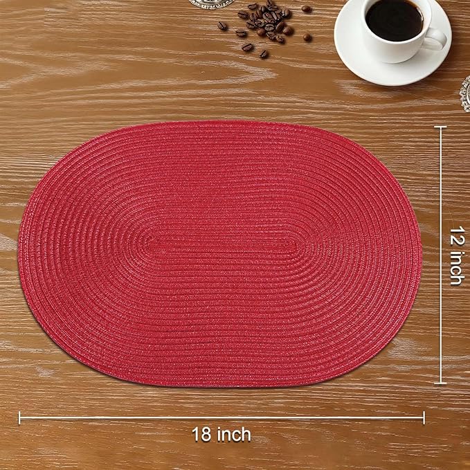 Noctiflorous Oval Braided Placemats Set of 8 Woven 12x18 Inch Non Slip Washable Heat Resistant Place Mats Round Tablemats for Dining Kitchen Party Daily Table Decor Dinner Mats (Red, 8)