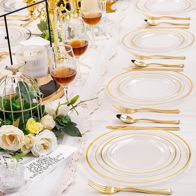 FLOWERCAT 100PCS Clear Plates with Gold Trim - Heavy Duty Clear and Gold Plastic Plate Disposable for Birthday Party/Wedding Include 50PCS 10.25inch Dinner Plates - 50PCS 7.5inch Cake Plate