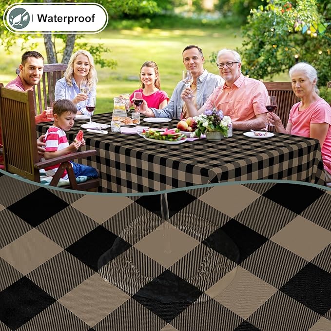 misaya Rectangle Waterproof Vinyl Table Cloth, Buffalo Flannel Backed Tablecloth, Wipeable Plastic Table Cover for Dinner, Kitchen, Outdoor (60" x 84", Black and Khaki)
