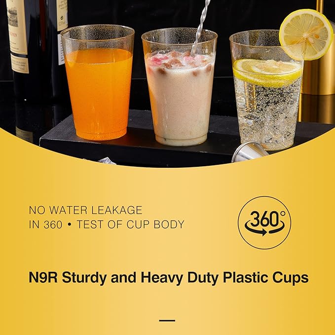 N9R 100PCS 12oz Gold Plastic Cups, Gold Glitter Disposable, Elegant Wedding and Party Cups
