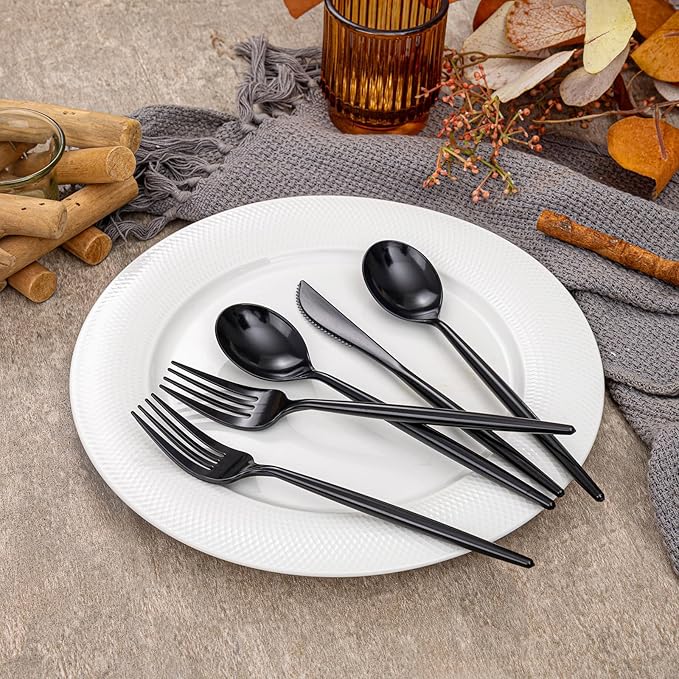Rubtlamp 90Pcs Plastic Black Silverware, Disposable Cutlery, Utensils Heavy Duty include 30 Disposable Knives,60 plastic Forks and Spoons, Black Cutlery For Party