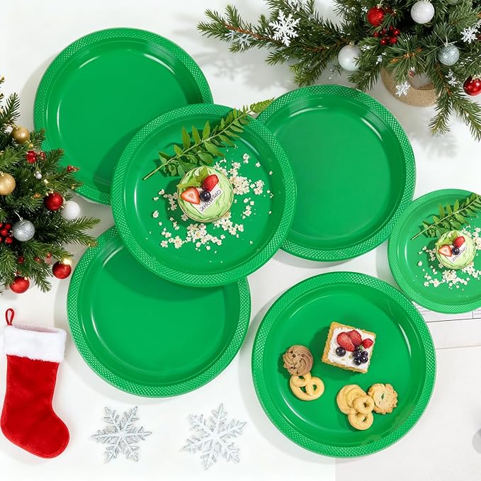 WELLIFE Green Party Plates 7 Inch -150 Count, Plastic Disposable Dessert Plates for New Year Party St. Patrick's Day Easter Cake Appetizers Salad