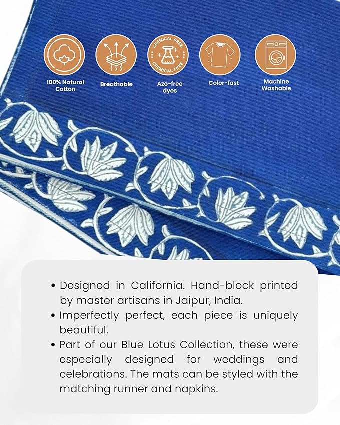 Artisan Cotton Placemats – Premium Boho Table Placemats with Indian Floral Print - Soft Washable & Sustainably Handmade Dining Table Place Mats for Any Occasion (Blue Lotus, 4 Pack)