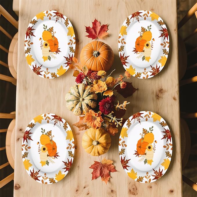 Grencian 50Pcs Fall Oval Paper Plates 10" x 12" Large Disposable Little Pumpkin Platters A Little Pumpkin Is On The Way Plates for Autumn Thanksgiving Holiday Birthday Baby Shower Party Decorations