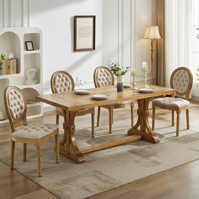 Ball & Cast French Vintage Upholstered Dining Chairs Set of 2, Button Tufted Kitchen Side-Chairs with Carved Antique Wood Frame & Nailhead Trims, 2-Piece Curved Backrest Louis Chair, Velvet Beige