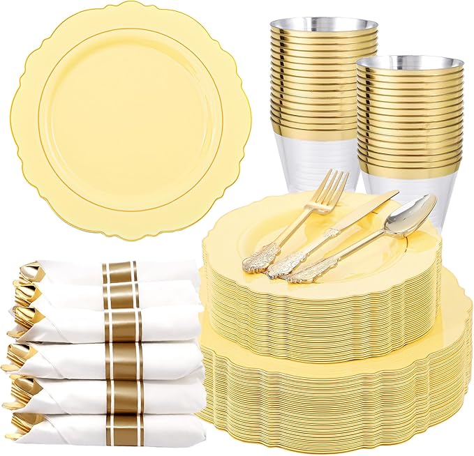 Liacere 350PCS Yellow Plates - Yellow Disposable Plastic Plates With Gold Rim-50Guest Plastic Dinnerware include 100 Plates,50 Pack Pre Rolled Napkins with Silverware 50Cups for Wedding＆Easter Day