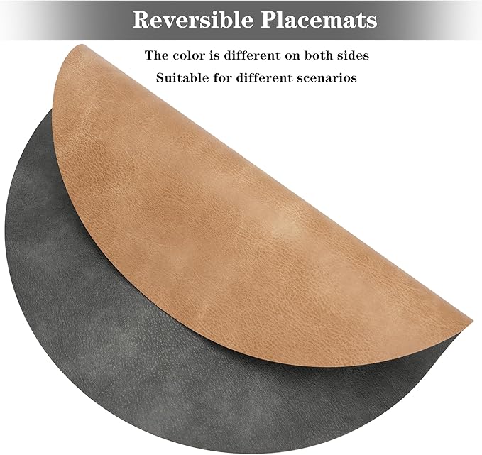 Round Placemats and Coasters Set of 6, Washable Reversible Faux Leather Placemats Cowhide Pattern Place Mats Wipeable Non-Slip 15 inch Round Kitchen Dining Table Mats (Gray Tan, 6)