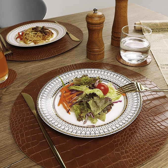 Round Leather Placemats for Round Tables Set of 4, Brown Table Place Mats and Coasters, Washable Easy to Care for Indoor Decor 13" Diameter