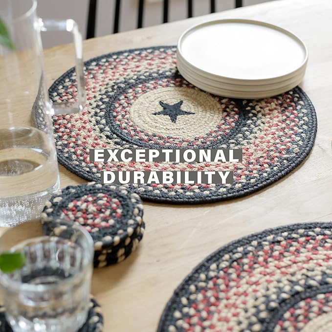 Homespice Primitive Star Gloucester Jute Braided Trivets for Table - Set of 6, Round 8", Black & Red - Rich Colors, Easy to Clean, Durable and Protects Furniture
