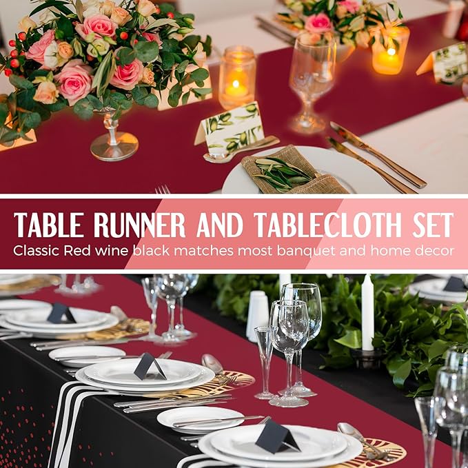 Breling 8 Pack Black and Maroon Disposable Plastic Tablecloths and Satin Table Runner Set, 54 x 108 Inch Tablecloth, 12 x 108 Inch Table Runners for Wedding Graduation Birthday Baby Shower