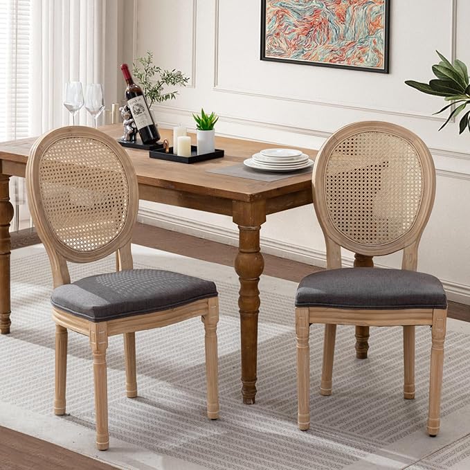 SoarFlash French Dining Chairs Set of 2, Vantage Dining Chair with Round Back, Wood Leg Farmhouse Country Rattan Dining Chair for Kitchen,Bedroom,Deep Grey