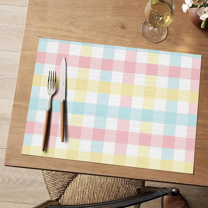 Artoid Mode Buffalo Plaid Vinyl Placemats Set of 4, 12x18 Inch Washable Non-Slip Heat Resistant Plastic Place Mats for Party Dining Table, Pink/Blue