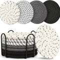 8 Pcs Drink Coasters with Holder, Handwoven Cotton Coasters Set Stackable Absorbent Minimalist Home Decor for Table, Cup, Mug (Grey)