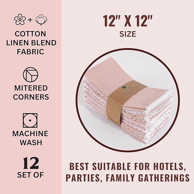 Fingercraft Dinner Cloth Napkin Cotton Linen Blend 12 Pack Mitered Corners with Elegant Lace for Everyday Use Napkins are Pre Shrunk and Good Absorbency (Pink, 12in x 12in)