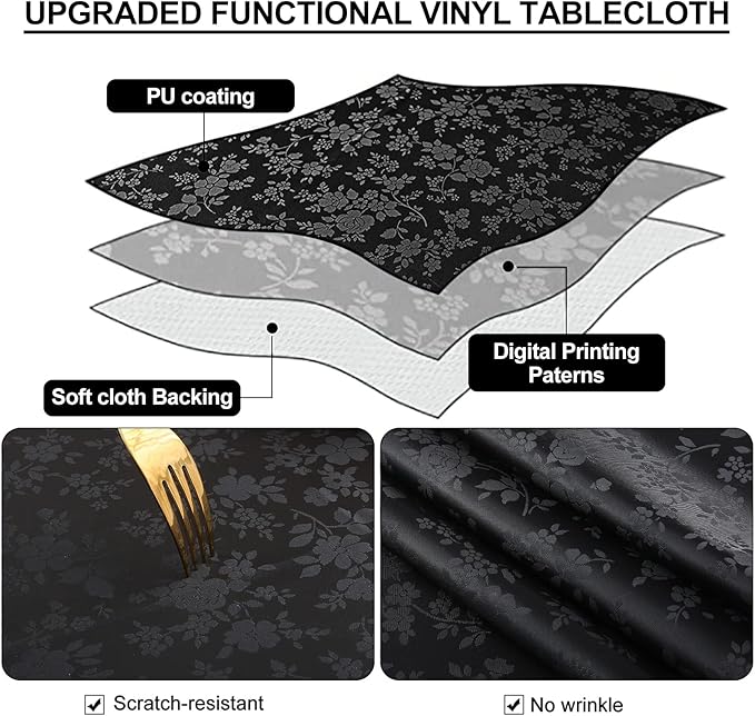 Smiry Rectangle Table Cloth, Waterproof Heavy Duty Vinyl Tablecloths, Wipeable Washable Table Cover for Kitchen and Dining Room (Black, 60" X 140")