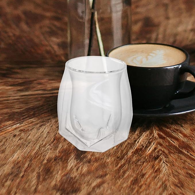 Double Layer Insulated Whiskey Glass with Unique Pentagonal Base, Small European Style Ribbed Glassware for Home Bars and Friendsgiving Cocktails