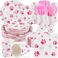 Kochorie 400 Pieces Pink Paw Disposable Party Tableware Sets Dog Puppy Supplies Including Plates Cups Napkins Cutlery Serves 50 for Birthday Puppy Theme Party Decorations