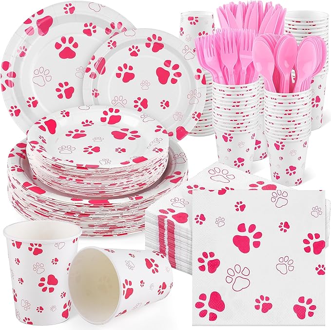 Kochorie 400 Pieces Pink Paw Disposable Party Tableware Sets Dog Puppy Supplies Including Plates Cups Napkins Cutlery Serves 50 for Birthday Puppy Theme Party Decorations